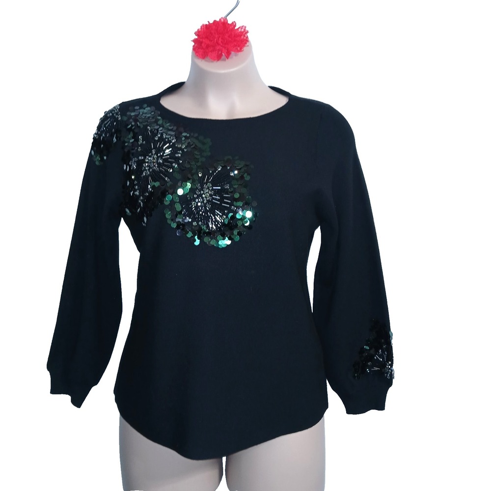 Chico's Women Lantern Sleeve Sweater Large Black Sequins Art To Wear Bling Knit